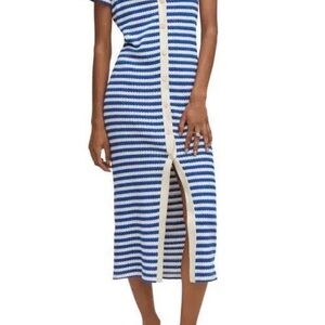 MNG Mango Blue/ Cream Stripe Jersey Sweater Midi Dress Sz US 10 Short Sleeve